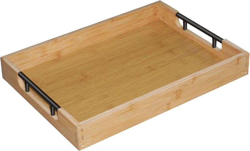 Krismax Wooden Serving Tray with Handles, Serving Platter 15.7x11.4 Inch Food Drinks Tray for Coffee Table,Decorative Storage Tray for Entertaining, Breakfast Tray in Bed,Lunch,Dinner,BBQ(Bamboo) - Image 1